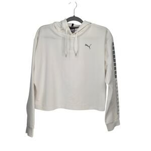NWT Puma White Cropped Metallic Hoodie Relaxed Fit Silver Logo Hoodie Women's XL